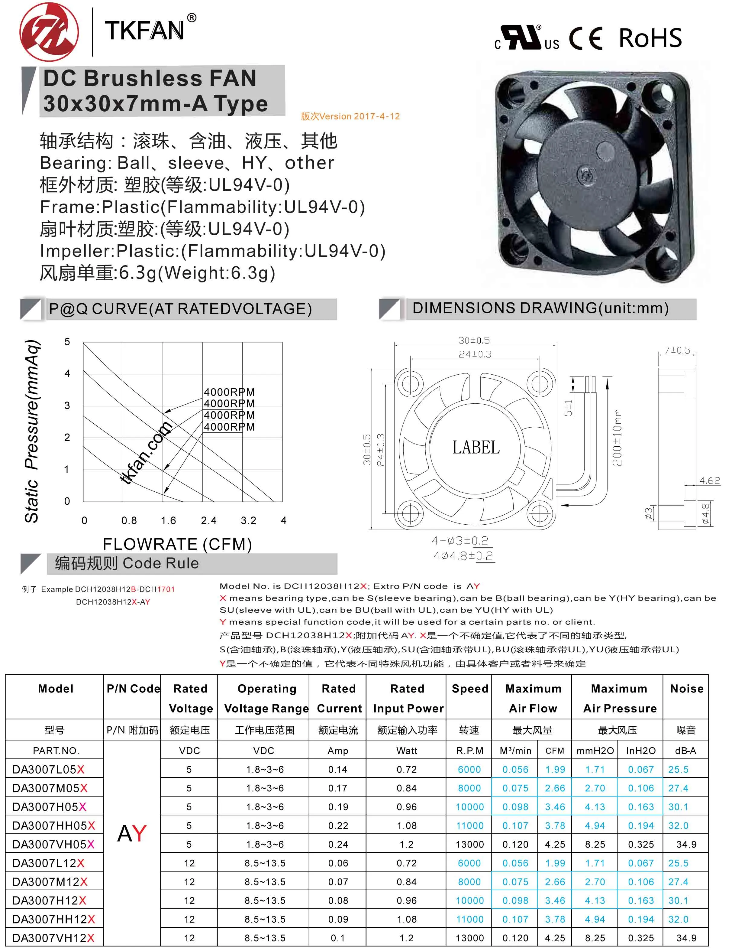  Micro fan DA3007VH05X Datasheet